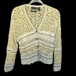 Sigrid Olsen Hand Knit Sweater Womens Medium Silk Ramie Rayon Floral Open Knit